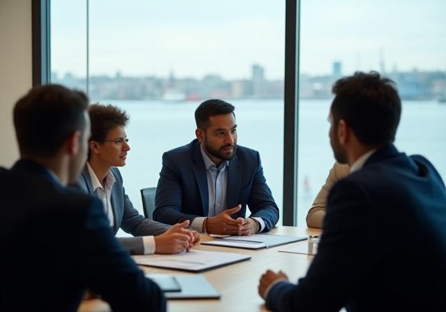 Professional meeting in a modern office overlooking a harbor