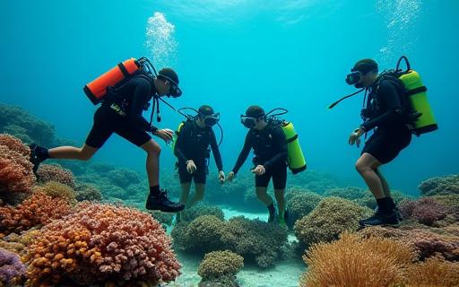Marine biologists conducting research on a coastal reef