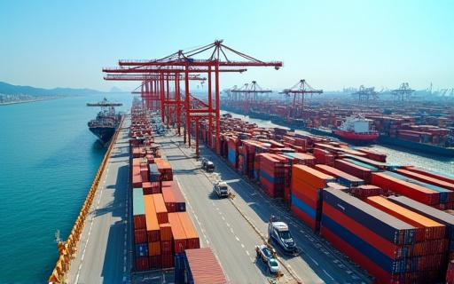 Aerial view of a busy container terminal with cranes